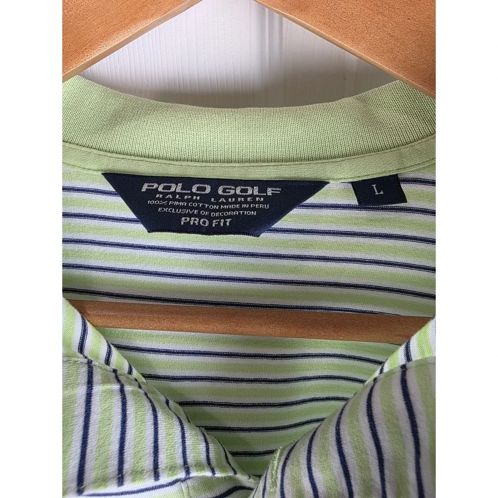 Ralph Lauren Polo Golf Shirt Mens L ProFit Green‎ Blue Striped 100% Pima Cotton